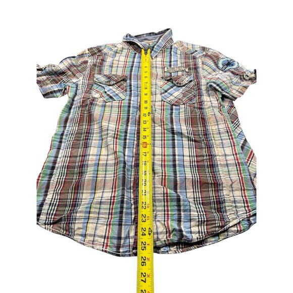 Rolling Paper Shirt Men’s Large Pearl Snap Plaid Patches Short Sleeve READ DESCR - Picture 8 of 10